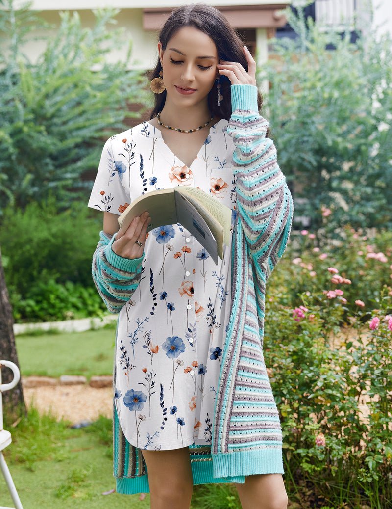 White short-sleeve button nightshirt dress with blue floral print