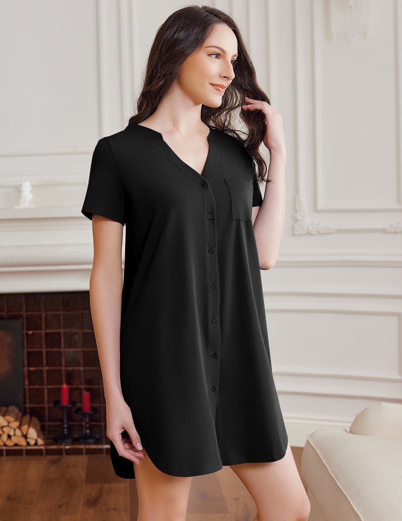 Black short-sleeve button nightshirt dress with chest pocket and straight skirt