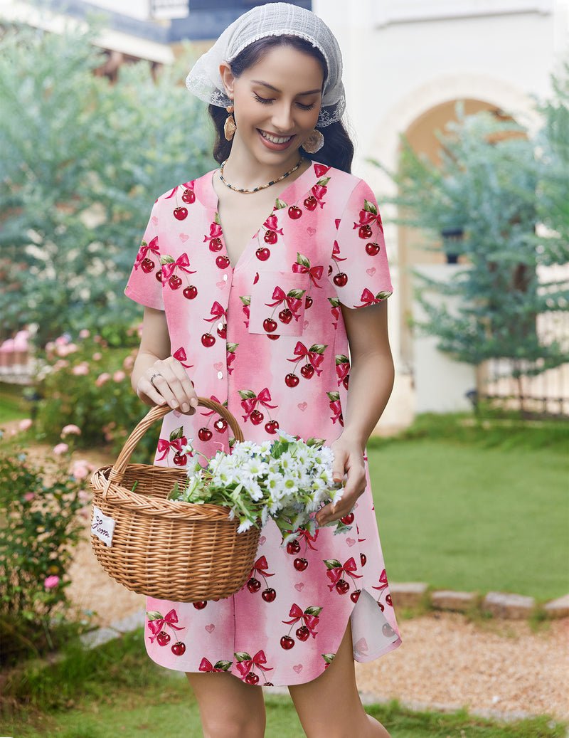Pink cherry print short-sleeve button nightshirt dress with V-neck and side slit