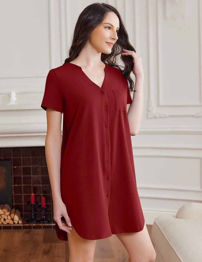 Wine red cotton sleep shirt nightshirt dress, short sleeves, button front