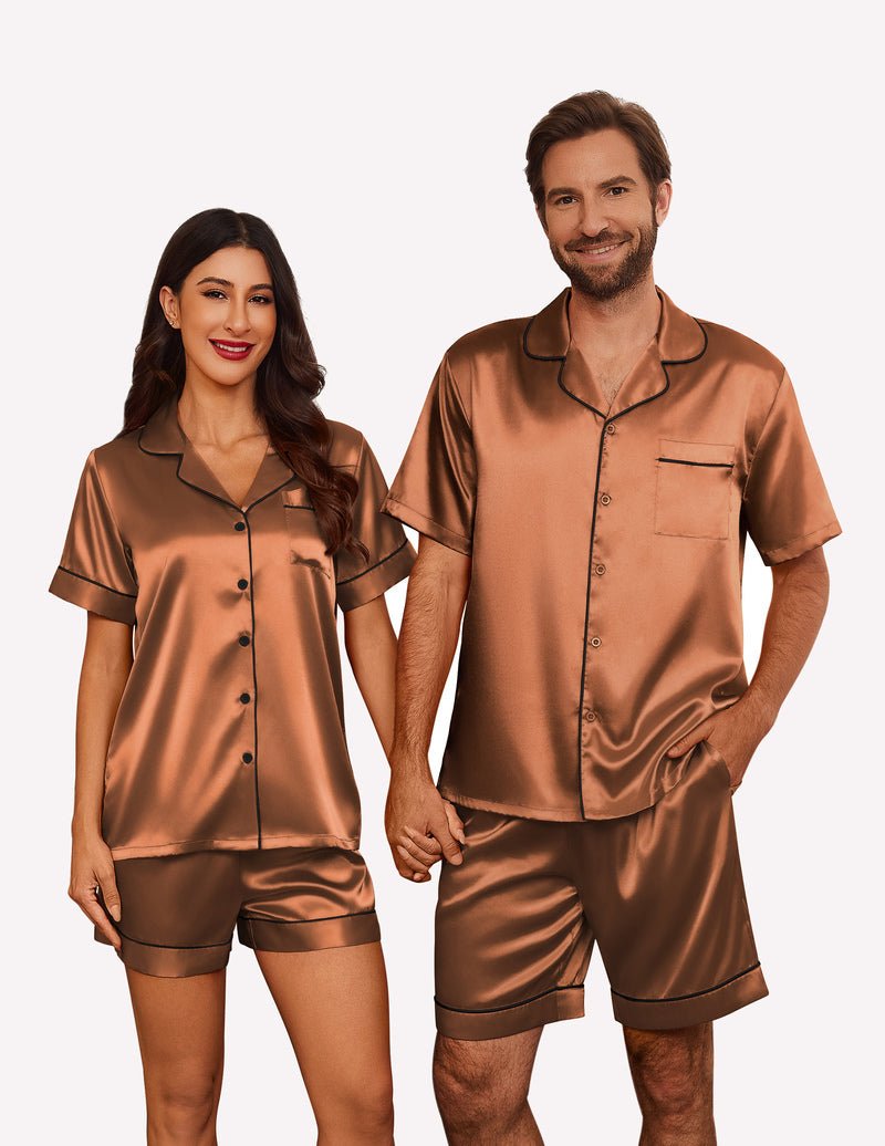 Brown satin pajama set for couples: short-sleeve button shirt and matching shorts with piping.