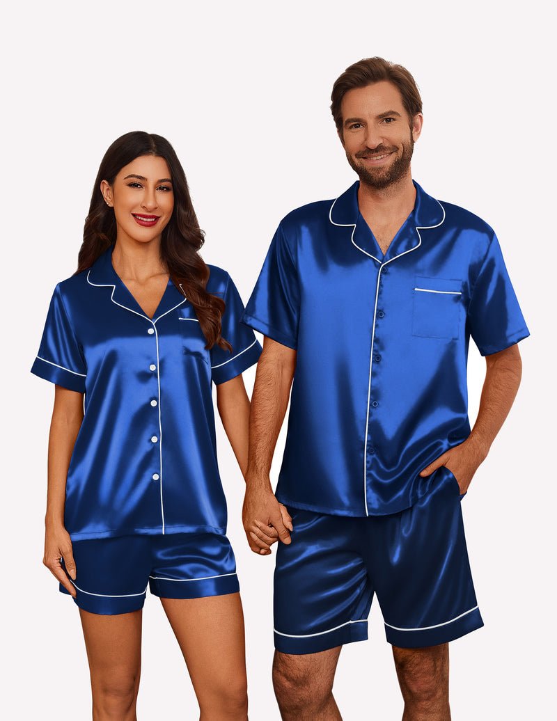 Silk satin pajama set for couples, royal blue short-sleeve button shirt and shorts