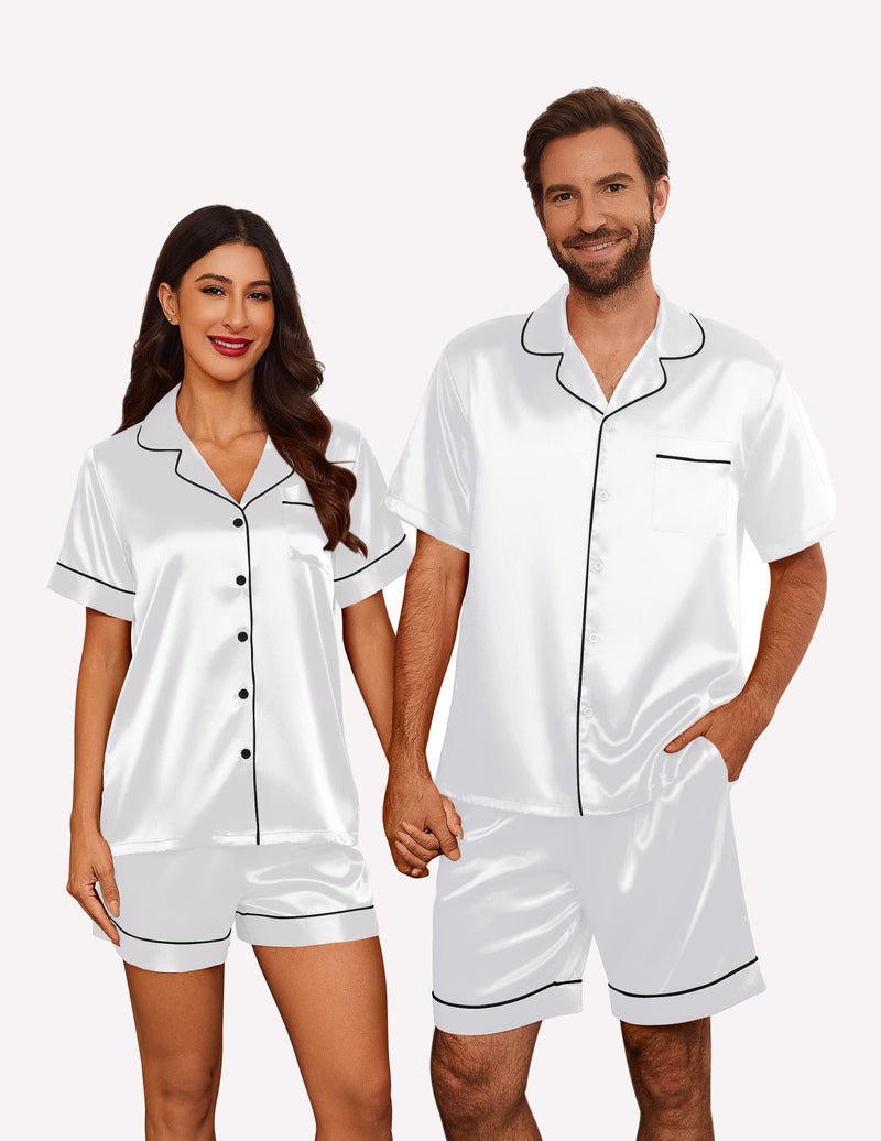 Silk satin pajama set for couples, white short-sleeve button shirt and matching shorts