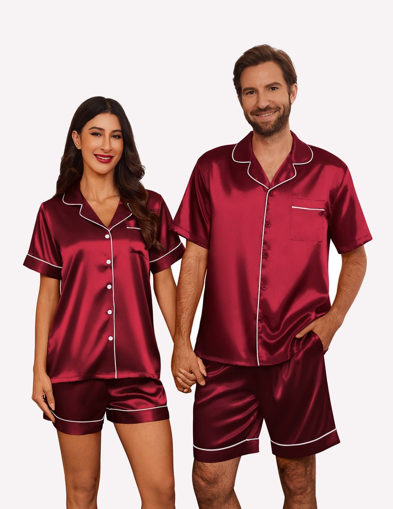 Silk satin pajama set for couples, wine red short-sleeve button shirt and matching shorts