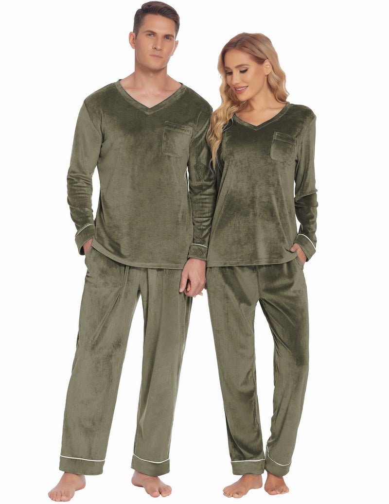 Matching couples velvet pajama set in olive green, V-neck tops and plain drawstring pants