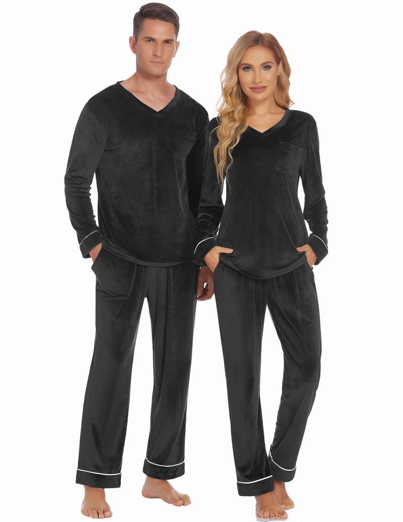 Black velvet V-neck long-sleeve pajama set, matching men and women