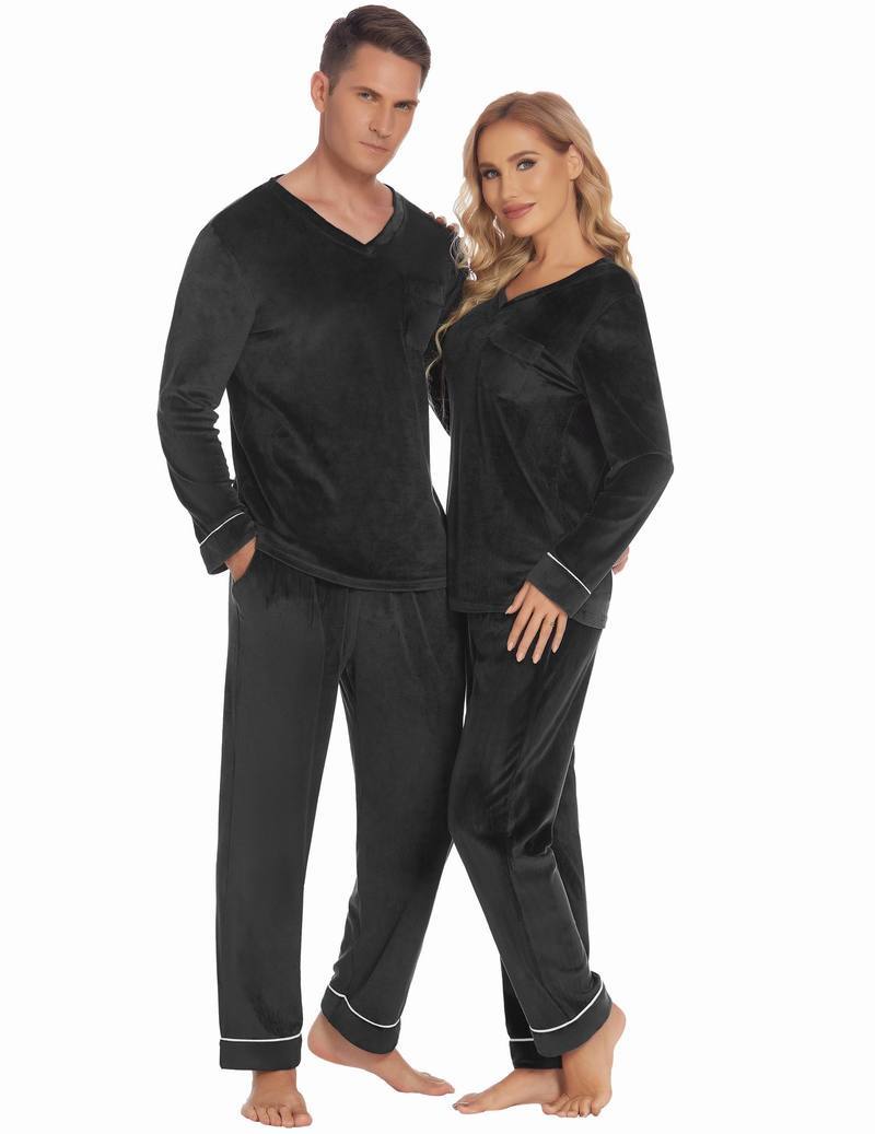 Black velvet V-neck pajama set with long sleeves and buttonless top, couples matching