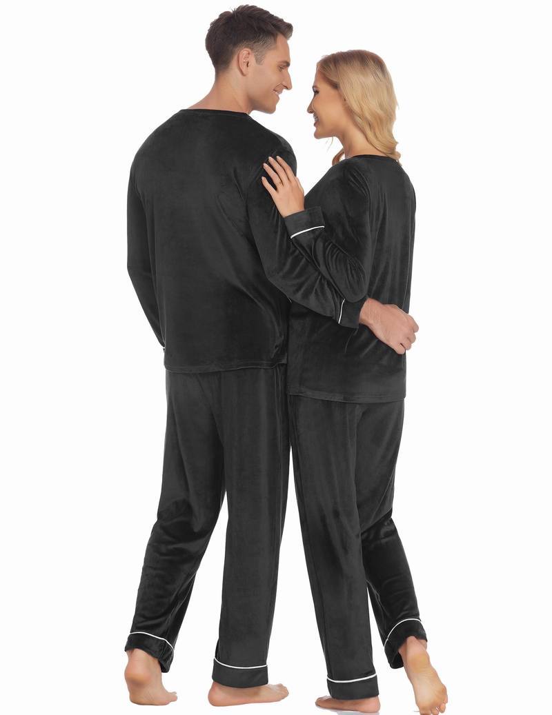 Black velvet pajama set shown from back, couples matching long-sleeve tops and pants