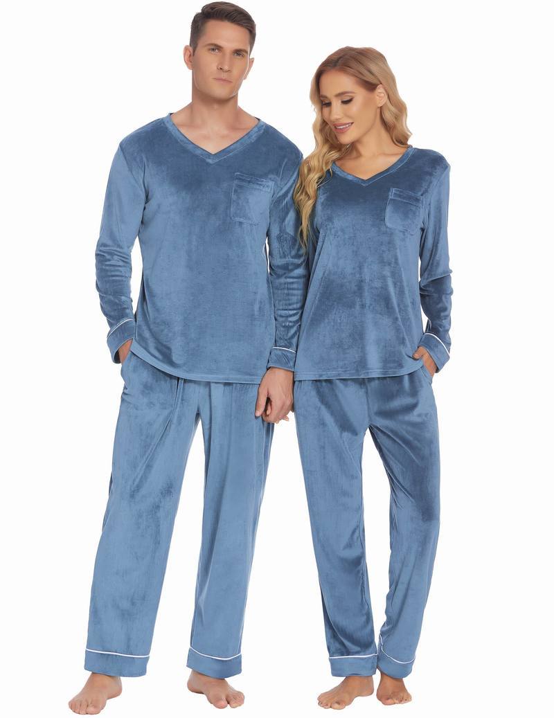 Blue velvet V-neck long-sleeve pajama set, matching men and women
