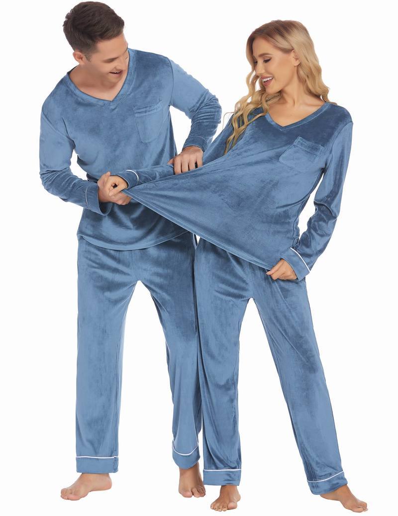Blue velvet pajama set with relaxed fit long-sleeve top and pants, couples matching