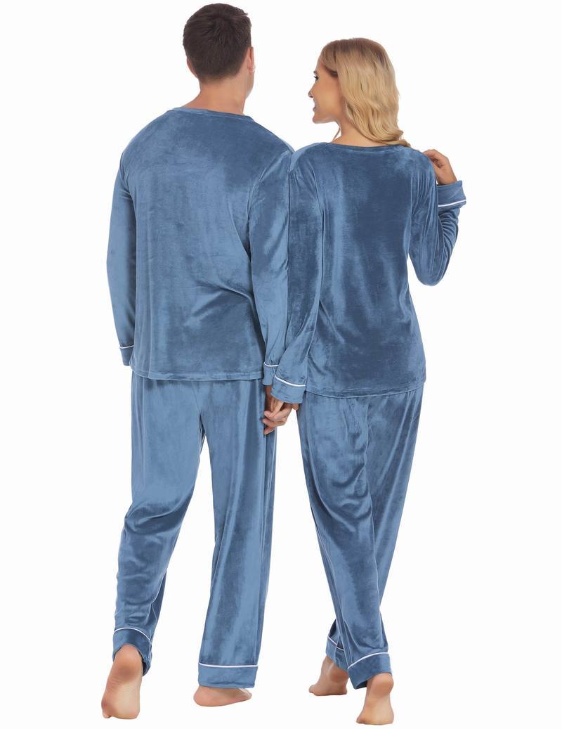Blue velvet pajama set shown from back, long-sleeve tops and full-length pants
