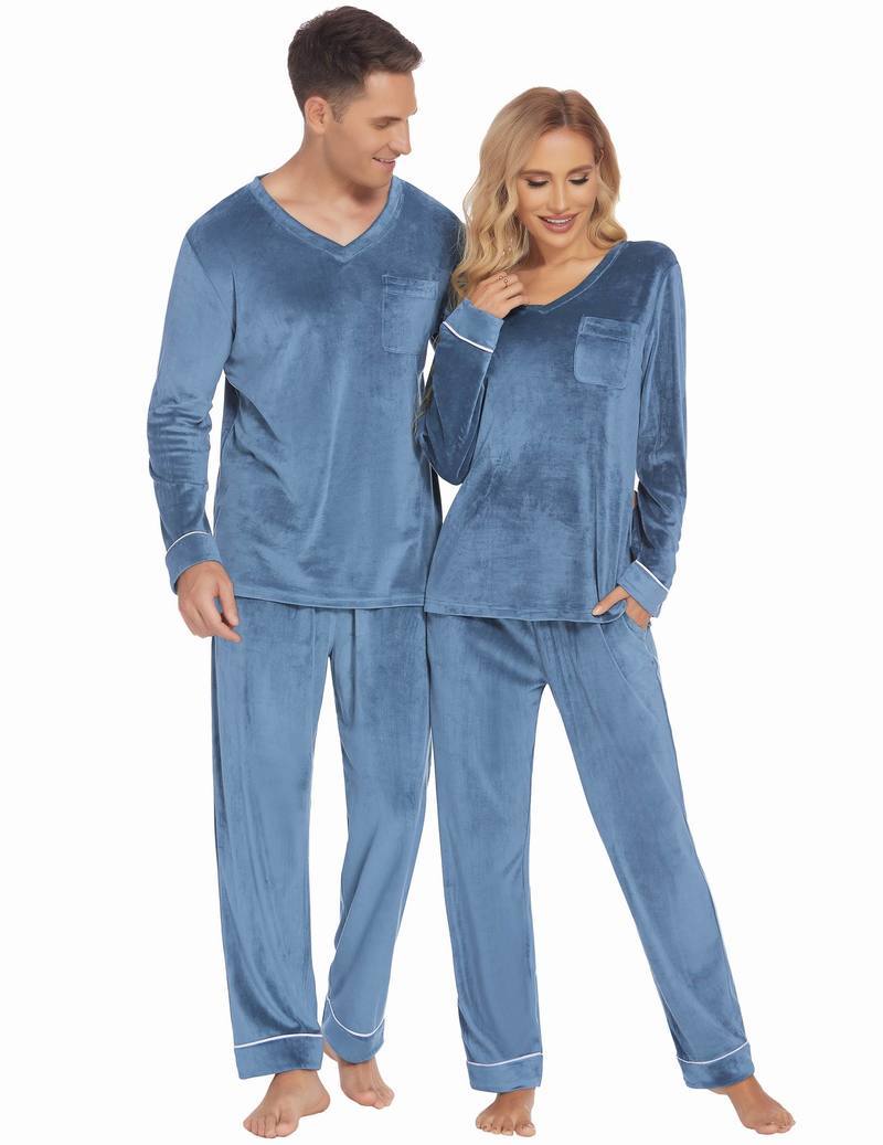 Blue velvet V-neck pajama set with long sleeves and ankle-length pants, couples matching