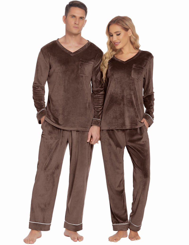 Matching couples velvet pajama set in brown, V-neck tops with chest pocket and plain pants