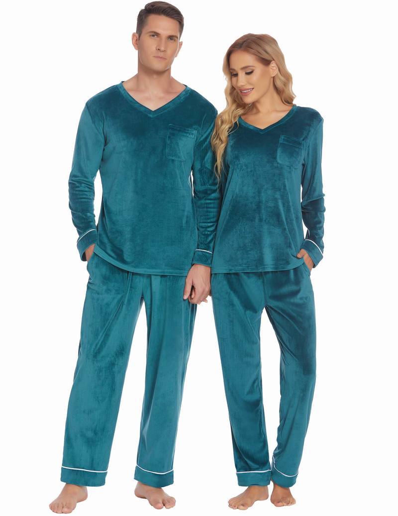 Teal velvet V-neck pajama set, matching long-sleeve tops and pants for couples