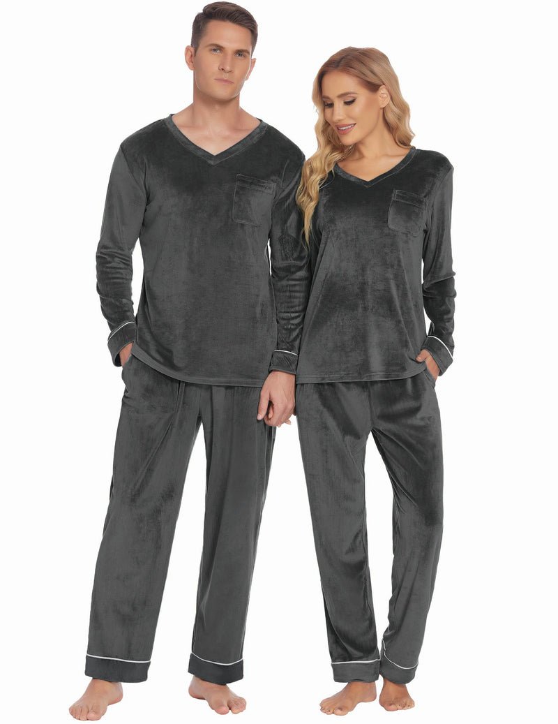 Couples velvet pajama set in dark gray, V-neck tops with pocket and plain drawstring pants