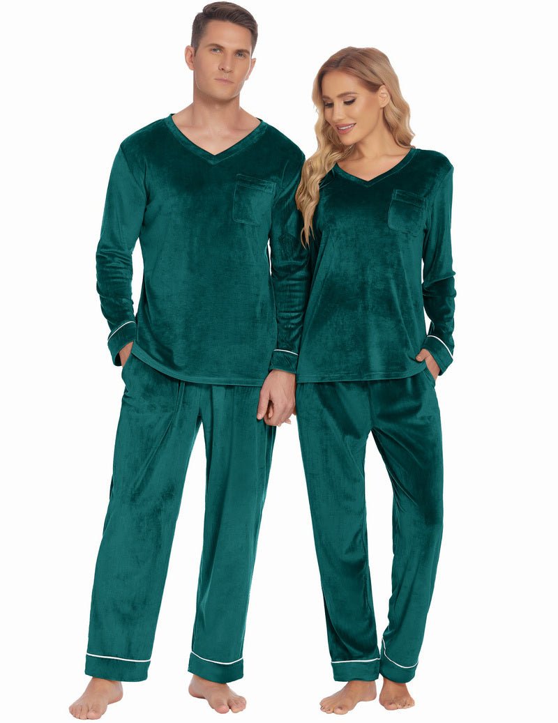 Matching couples velvet pajama set in deep green, V-neck tops and plain drawstring pants