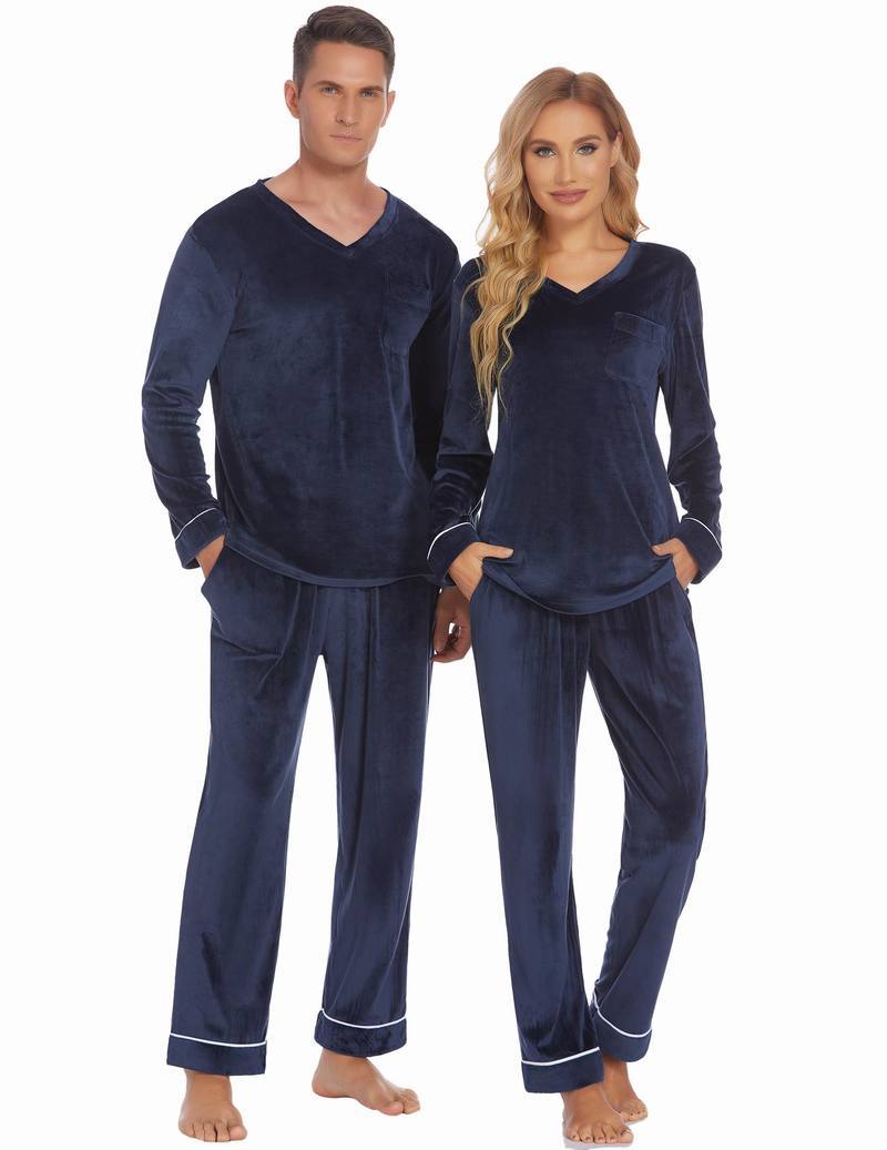 Navy velvet V-neck long-sleeve pajama set, matching men and women