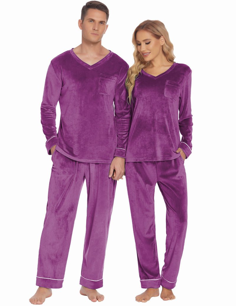 Matching couples velvet pajama set in purple, V-neck tops with chest pocket and plain pants