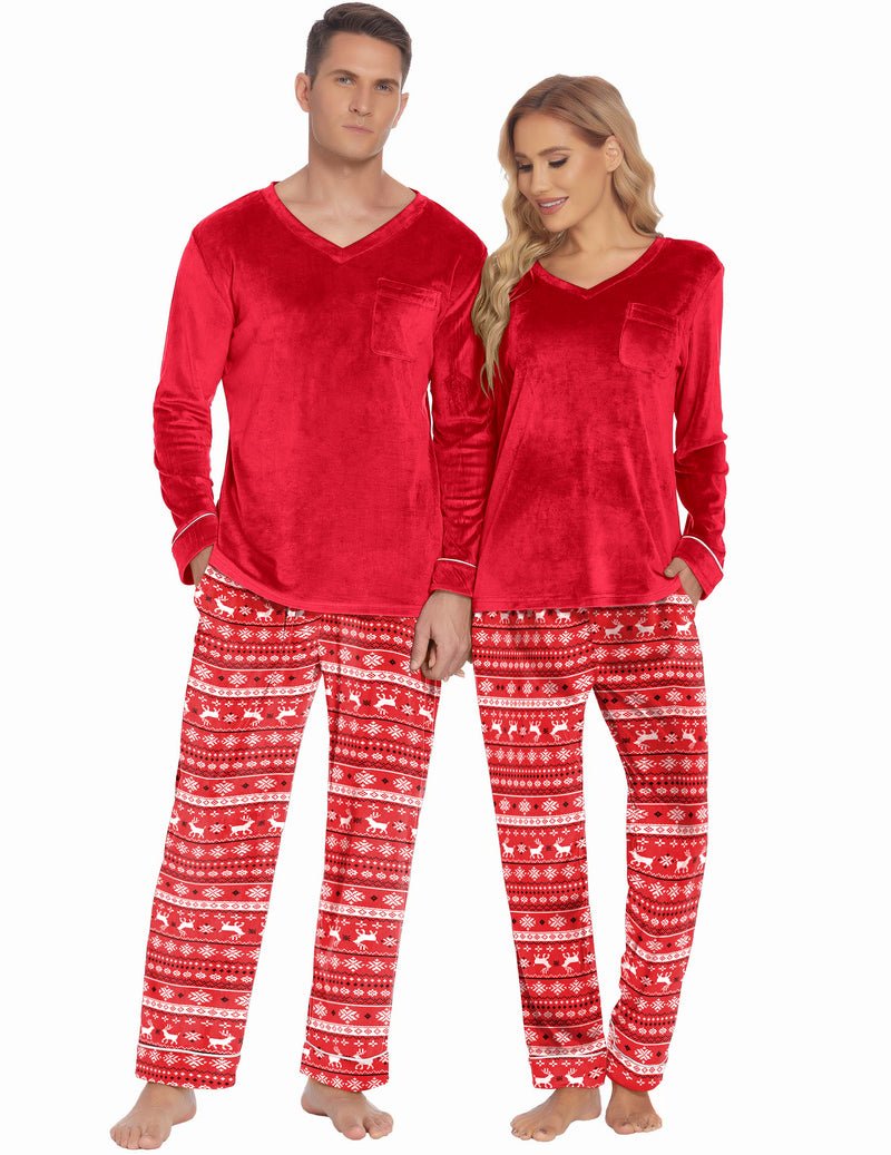 Couples matching pajama set in red: velvet V-neck tops with festive patterned bottoms