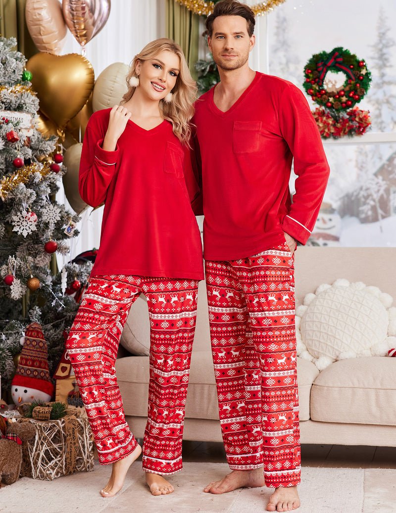Couples matching pajama set in red: V-neck velvet tops with patterned pajama bottoms