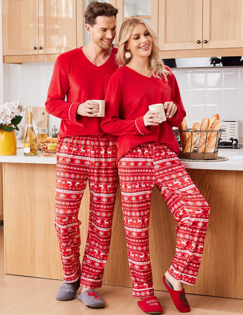 Couples velvet pajama set, red V-neck tops with festive patterned pants (men & women)