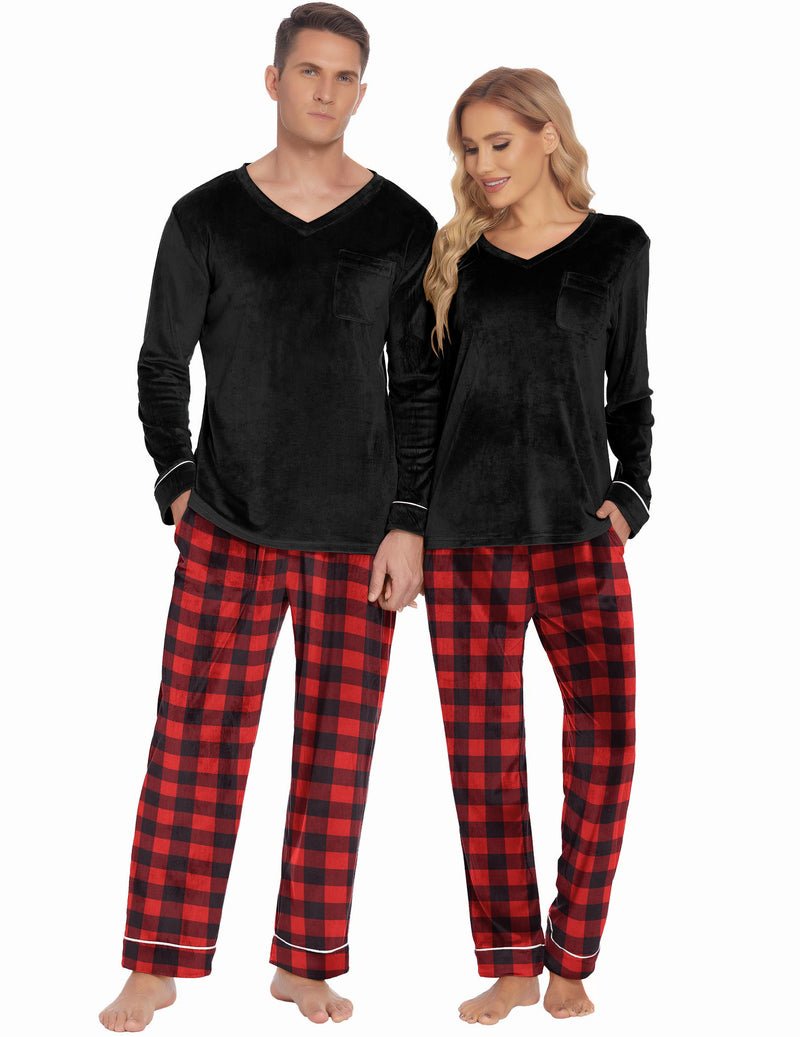 Couples velvet pajama set: black V-neck tops with red-and-black plaid pajama pants