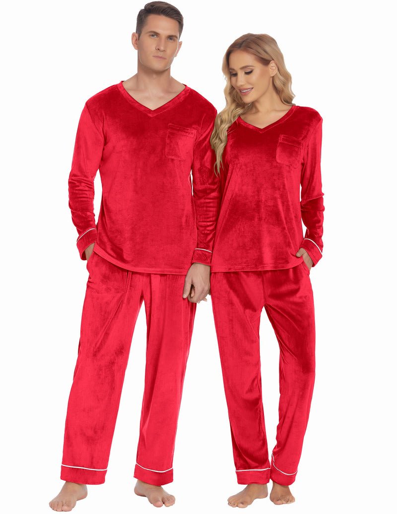 Couples matching velvet pajama set in red, V-neck tops and plain drawstring pants