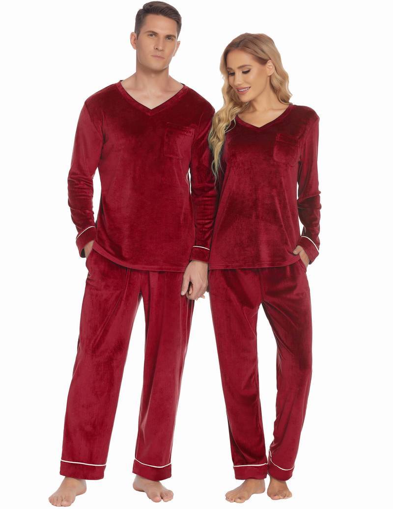 Wine red velvet V-neck long-sleeve pajama set, matching men and women