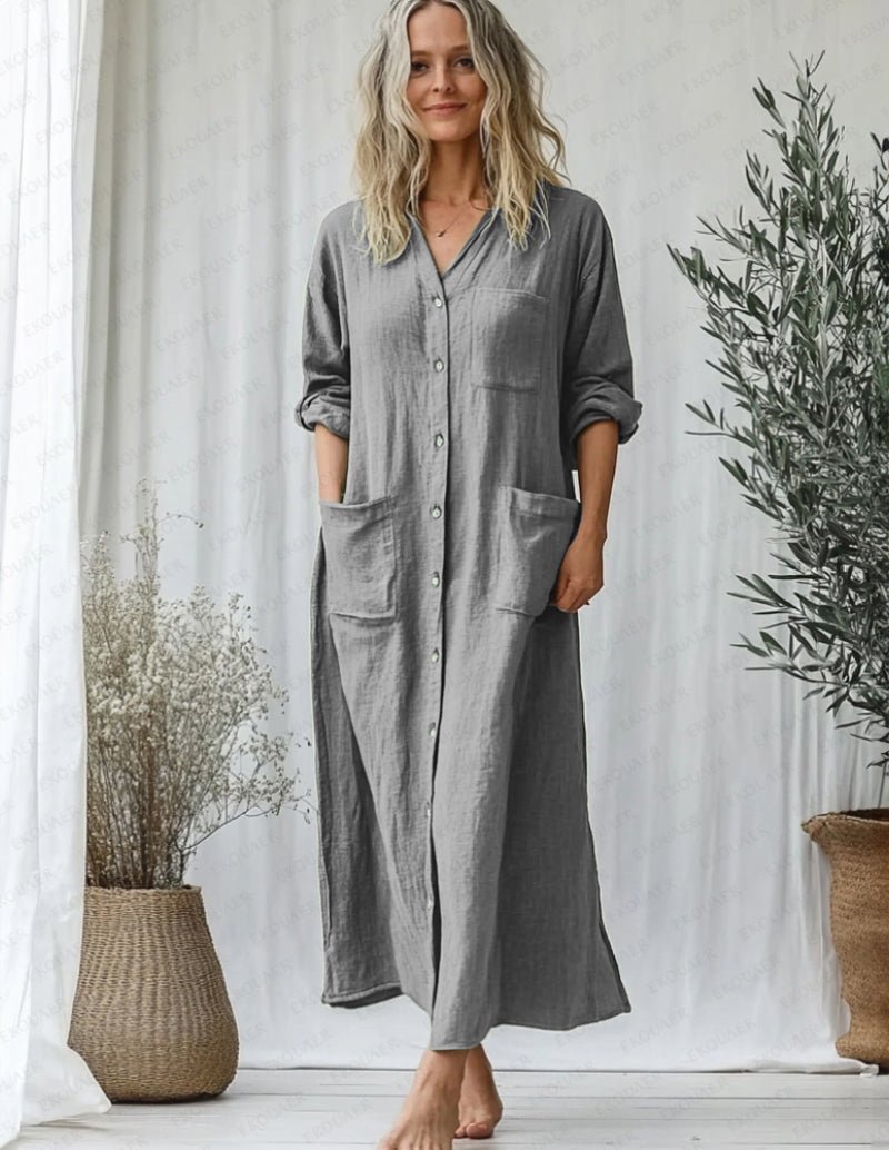 Long cotton lounge dress in grey, button-front, three-quarter sleeves, side pockets
