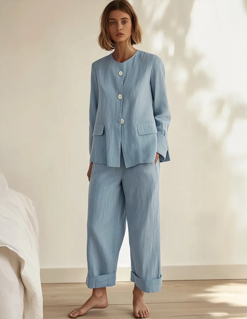 Light blue cotton sleepwear set with button-front jacket and cropped pants