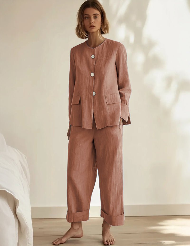 Rose pink cotton sleepwear set with button-front jacket and cropped straight pants
