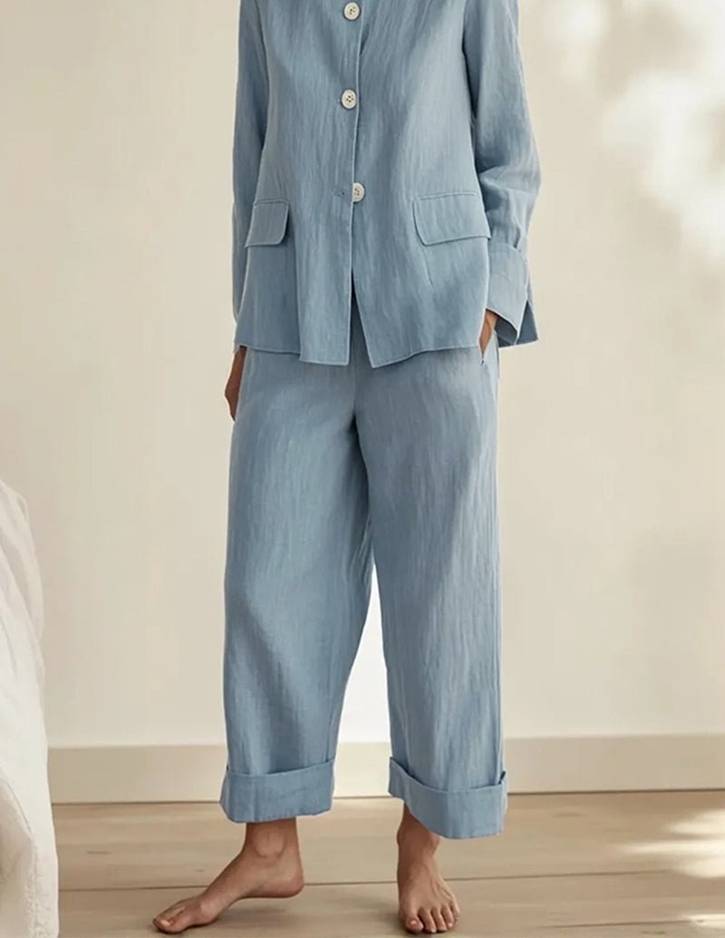 Light blue cotton sleepwear set with button-front jacket and wide cropped pants