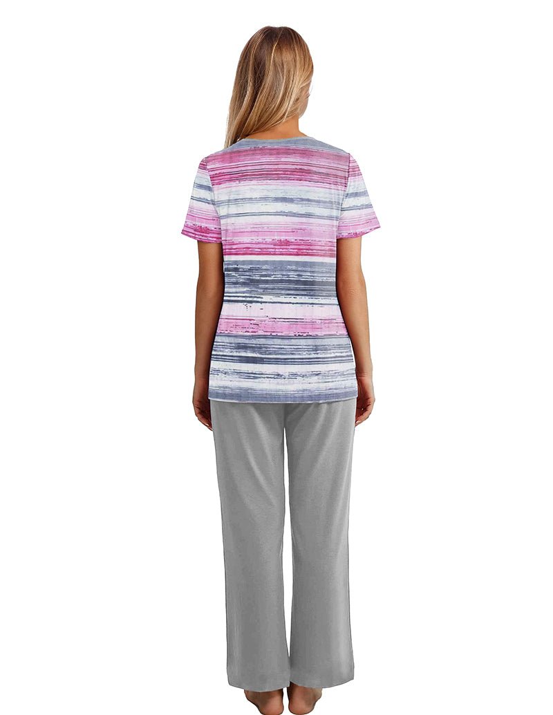 Striped loungewear set with back view of pink-and-blue striped top and gray drawstring pants