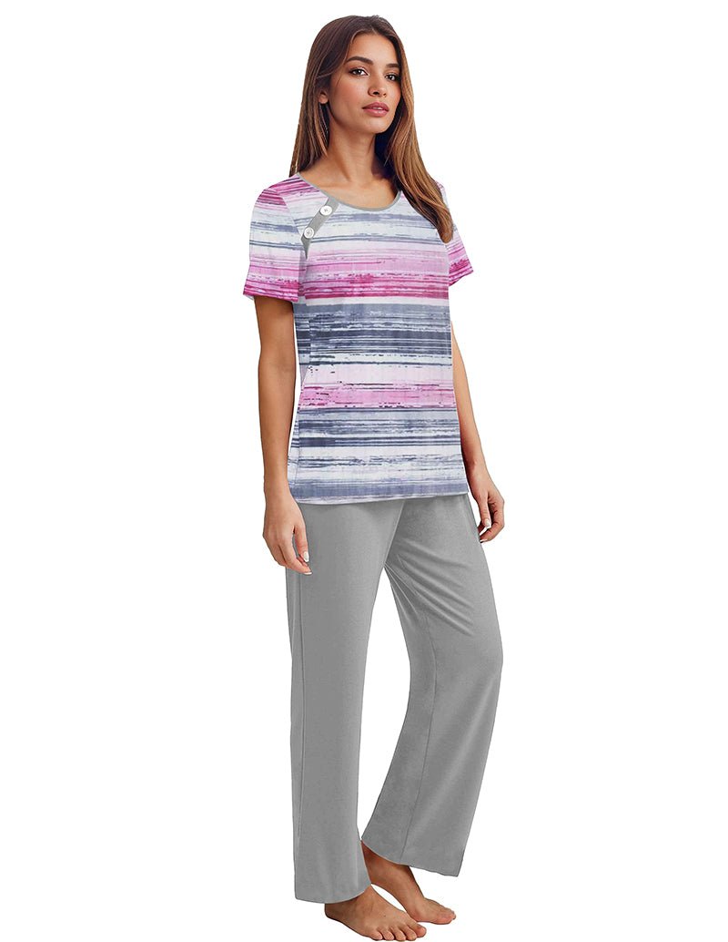 Striped loungewear set with pink-and-blue buttoned top and gray drawstring pants, side view