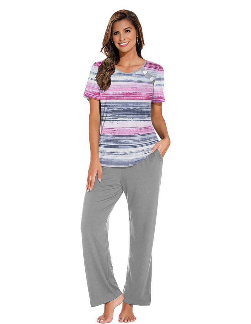 Striped loungewear set with pink-and-blue buttoned top and gray drawstring pants, full view