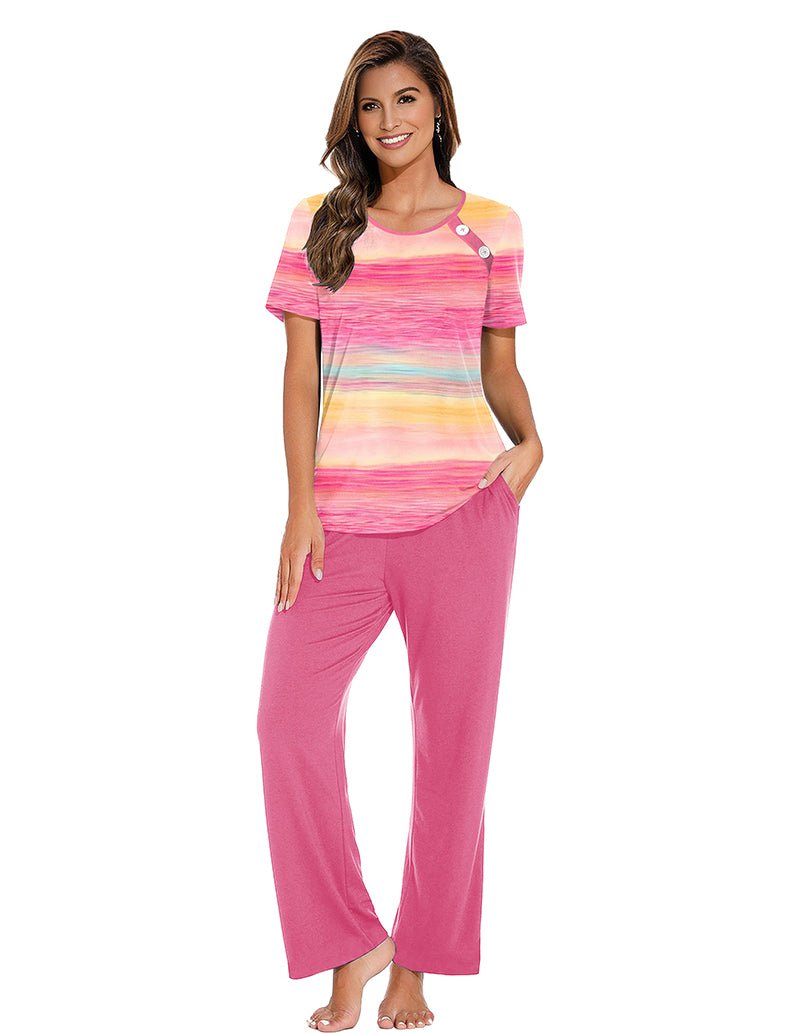 Striped loungewear set with rainbow striped buttoned top and rose-pink drawstring pants