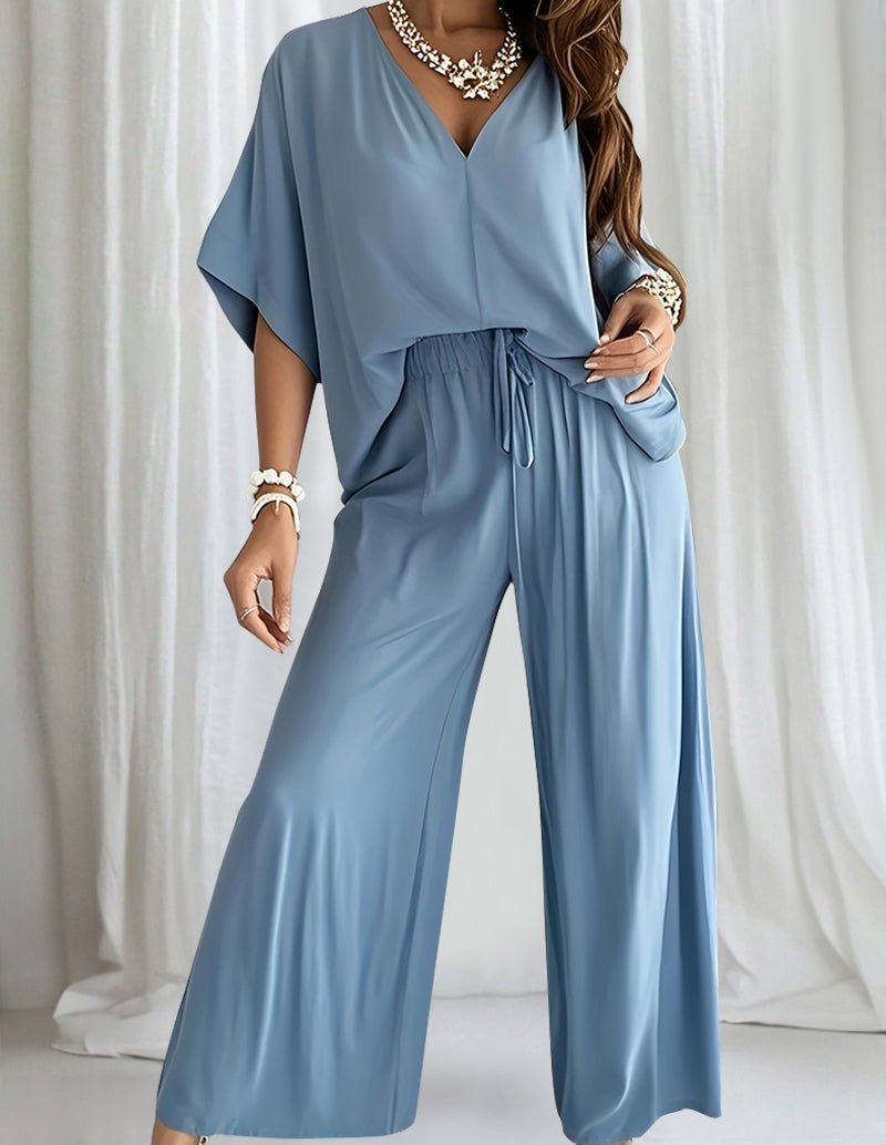 Blue lounge set with V-neck dolman top and drawstring wide-leg pants