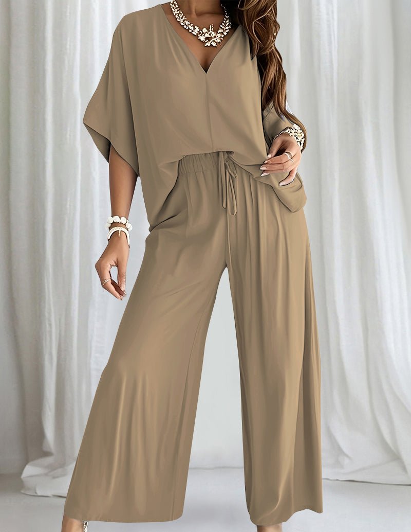 Khaki lounge set with V-neck dolman top and drawstring wide-leg pants