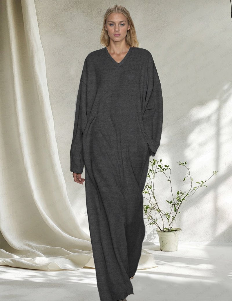 Dark flecking gray V-neck long-sleeve nightgown, full-length relaxed fit