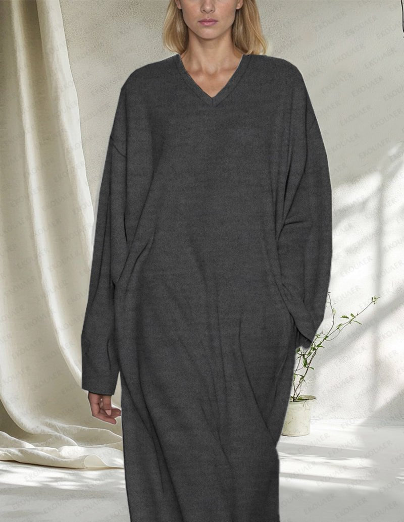Dark flecking gray V-neck nightgown with long sleeves, full-length relaxed fit