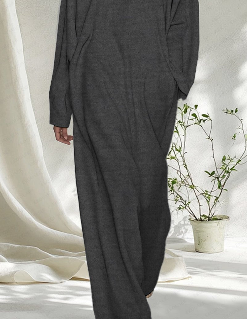 Dark flecking gray long-sleeve nightgown with V-neck, full-length side drape