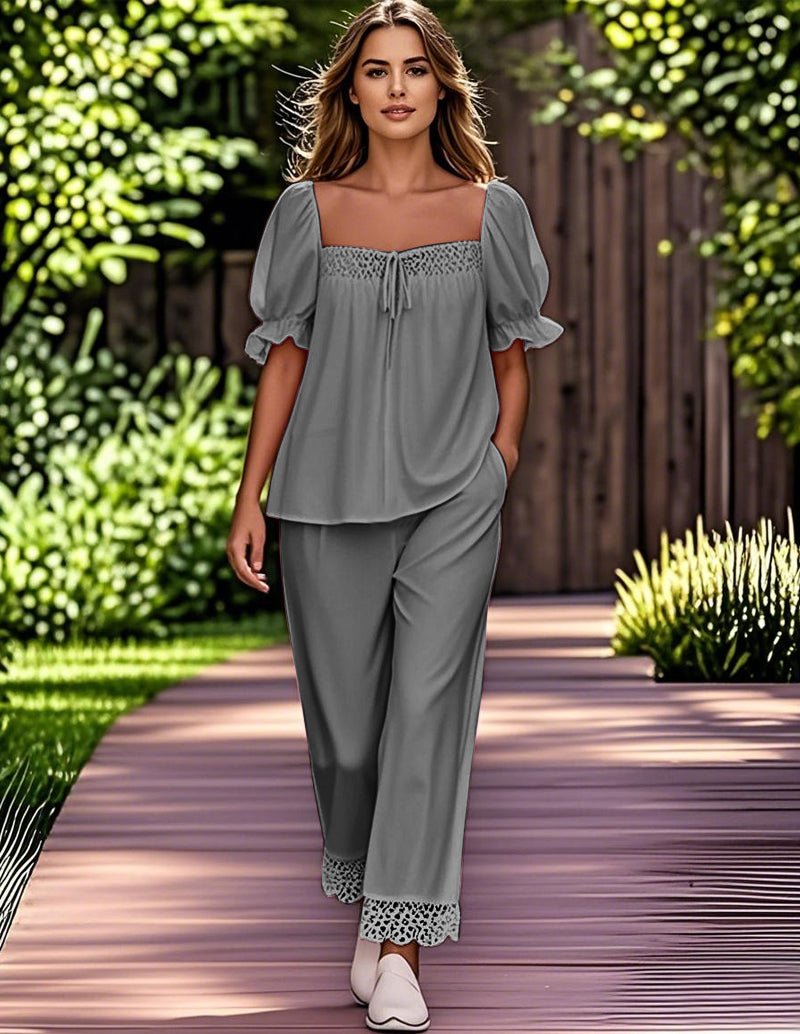 Lace patchwork pajama set, gray blouse with lace-trim square neckline and matching pants
