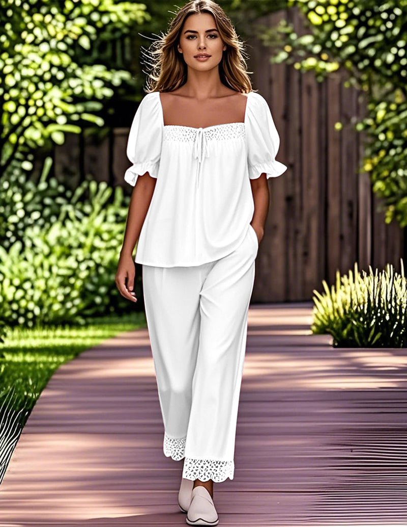 Lace patchwork pajama set, white blouse with lace square neckline and matching pants