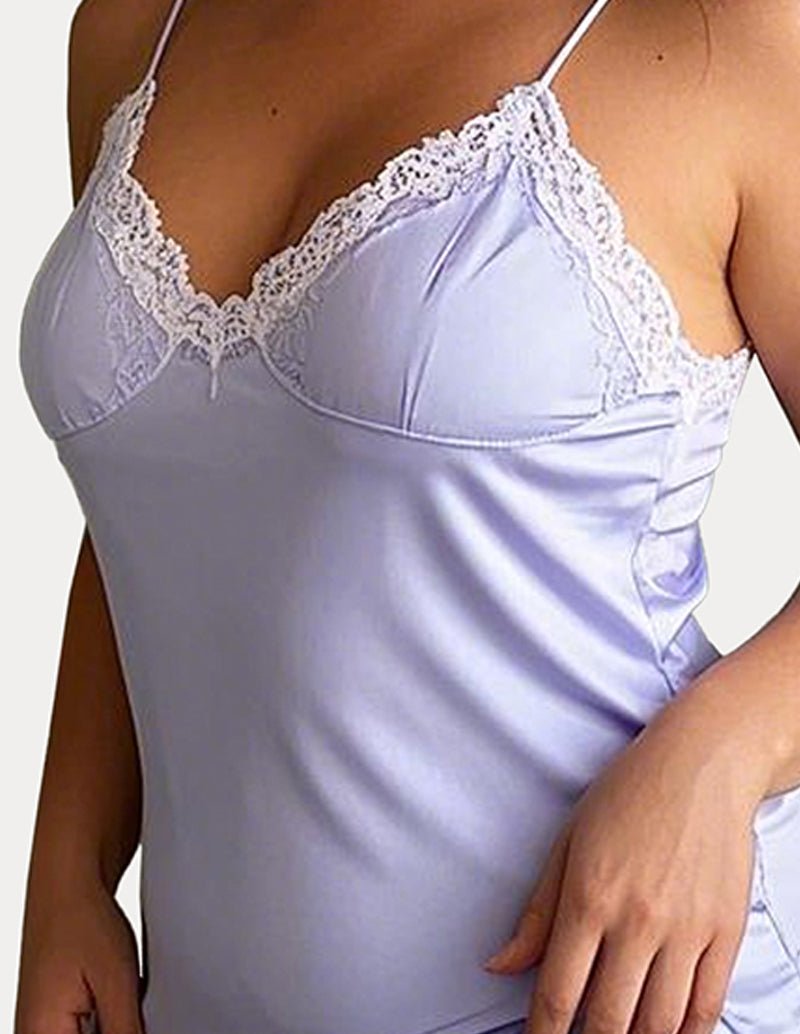 Light purple satin cami pajama top with white lace V-neck and scalloped trim