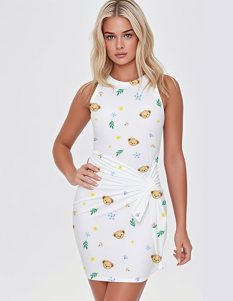 Sleeveless white teddy-print bodycon dress with side drape knot