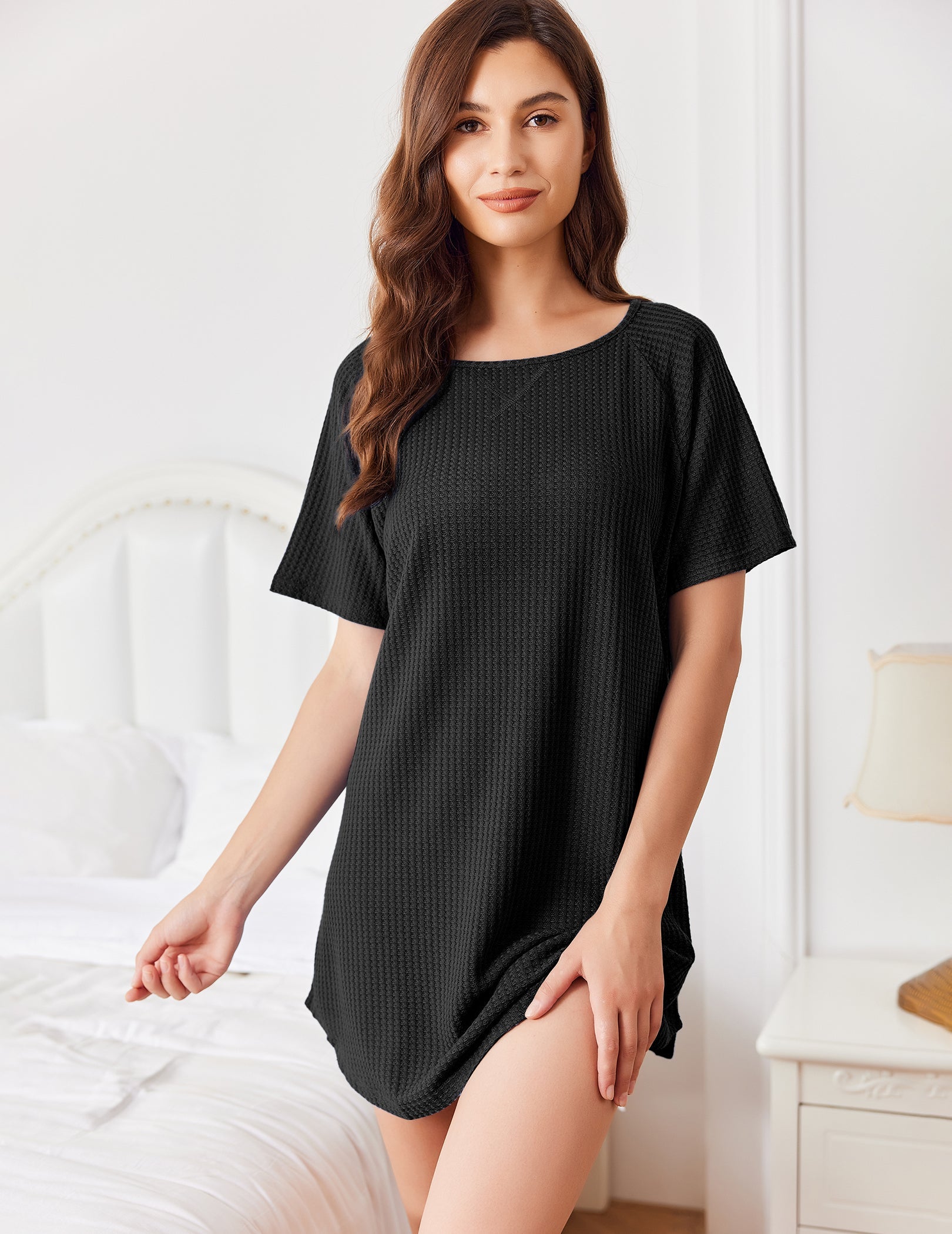 Waffle knit sleepshirt with short sleeves, crew neck, black