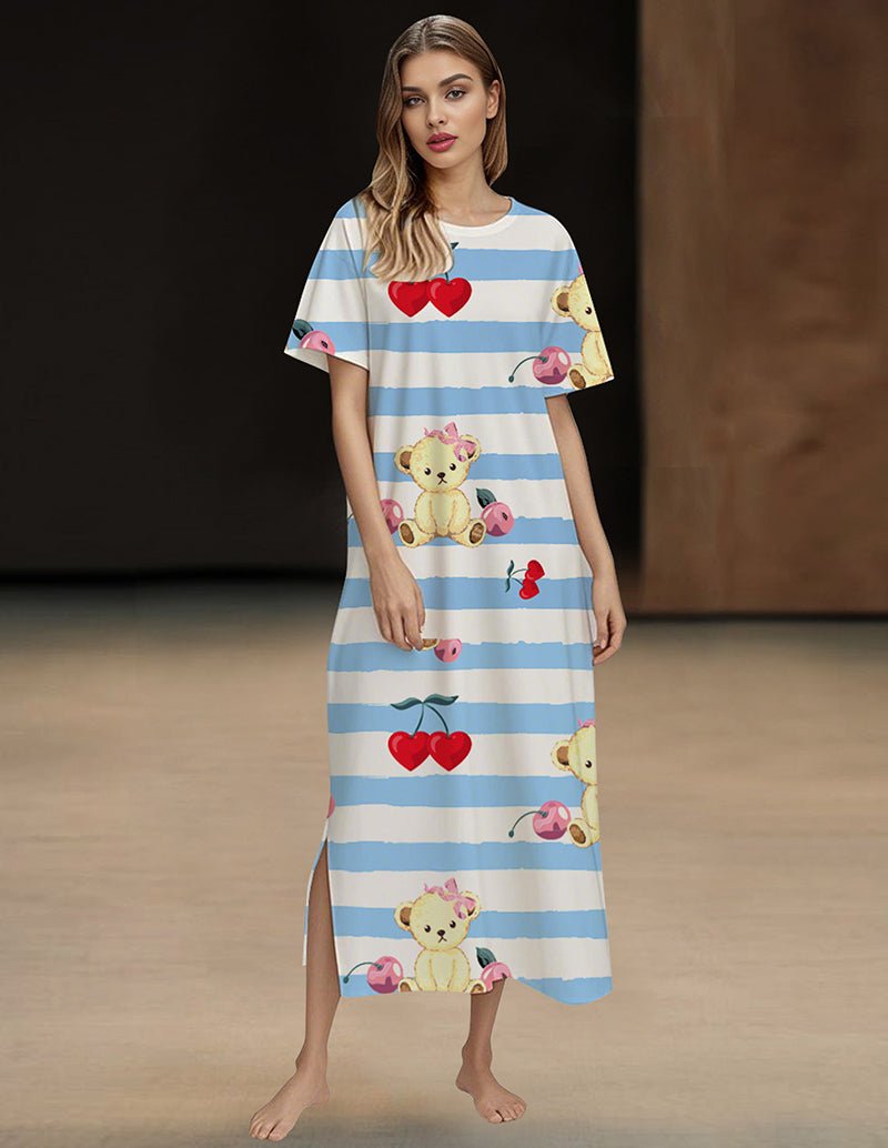 Blue striped nightgown with cute bear and cherry print, short sleeves, scoop neckline