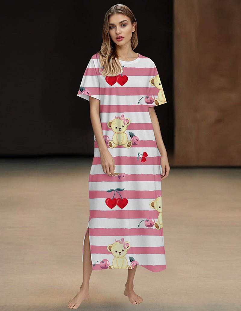 Pink striped nightgown with cute bear and cherry print, short sleeves, scoop neckline