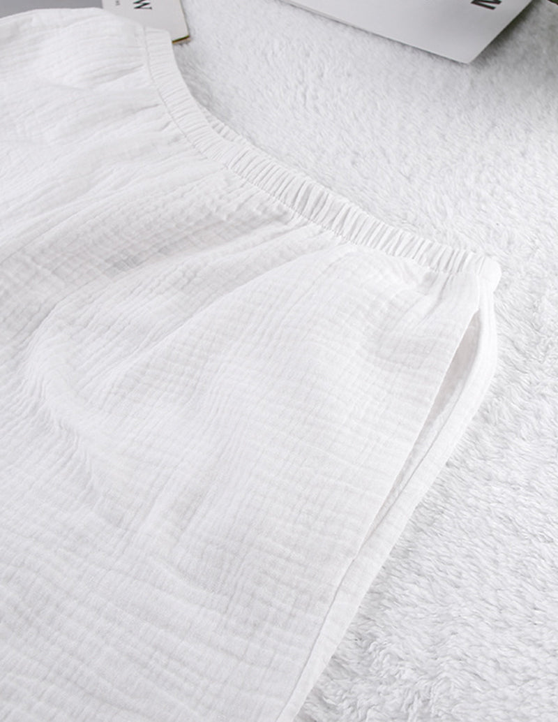White cotton pajama camisole neckline and side trim detail