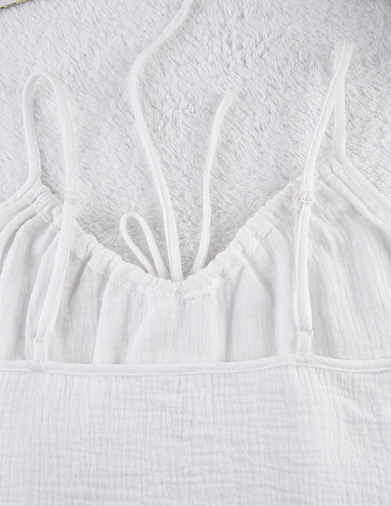 White cotton pajama camisole neckline with tie drawstring detail